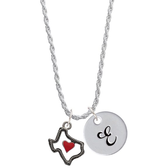 Delight Jewelry Silvertone Open Rope Texas with Red Heart Silvertone Script Initial Disc - E - Charm Necklace, 20"+3"