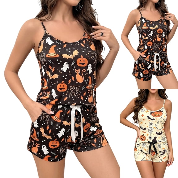 Halloween Womens Pajama Sets Cute Pumpkin Ghost Button Down Halloween Pajamas Women Soft Short Sleeve Pjs Cami Top and Shorts Sleepwear Loungewear Beige S