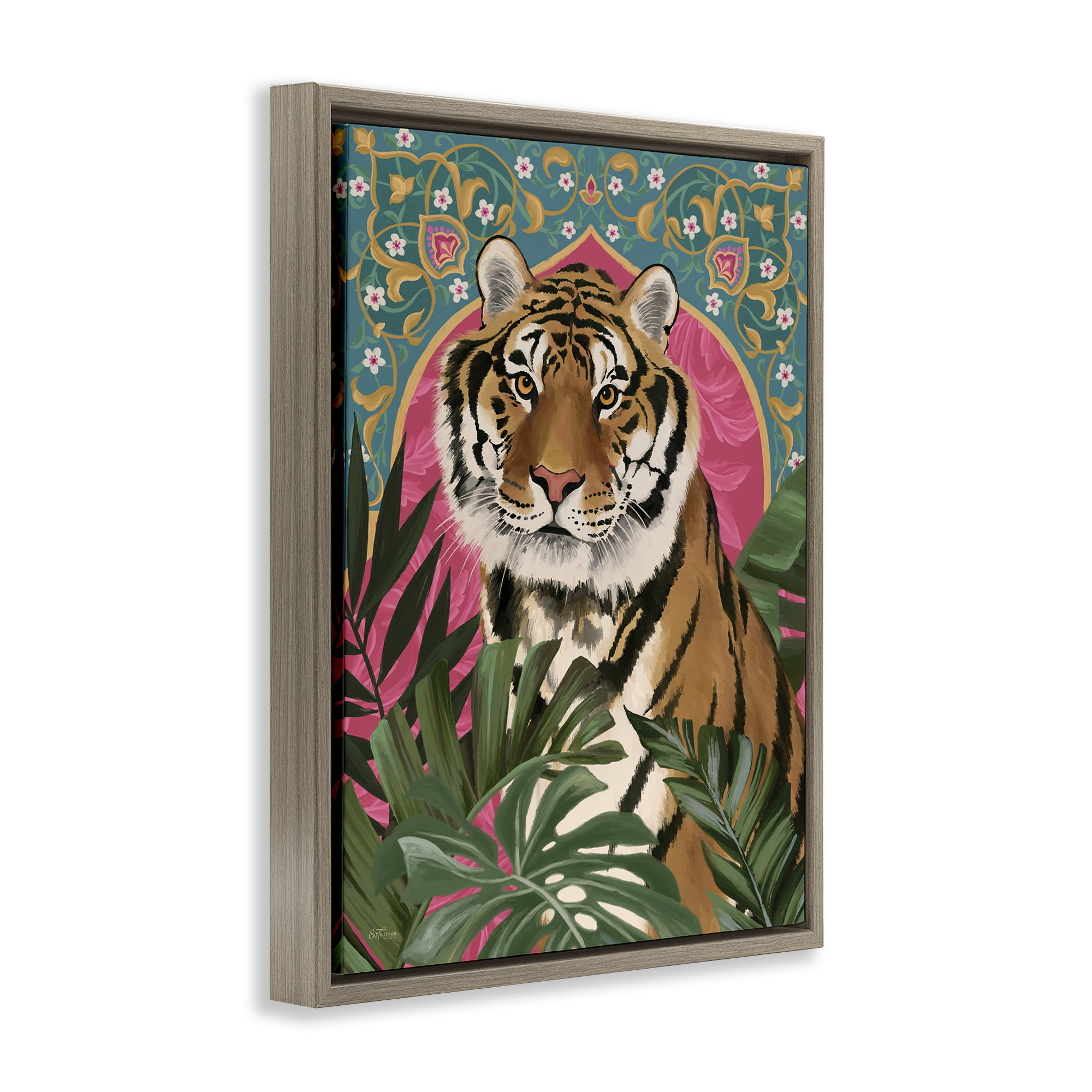 Stupell Industries Arabesque Tiger & Plants Animals Painting Brown Floater Framed Canvas Art Print Wall Art, 17 x 21