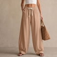 thumbnail image 5 of Maqroz Linen Pants for Women Drawstring Elastic Waist Wide Leg Trousers Casual Baggy Lounge Slacks Summer Holiday Beach Vacation Wear, 5 of 8