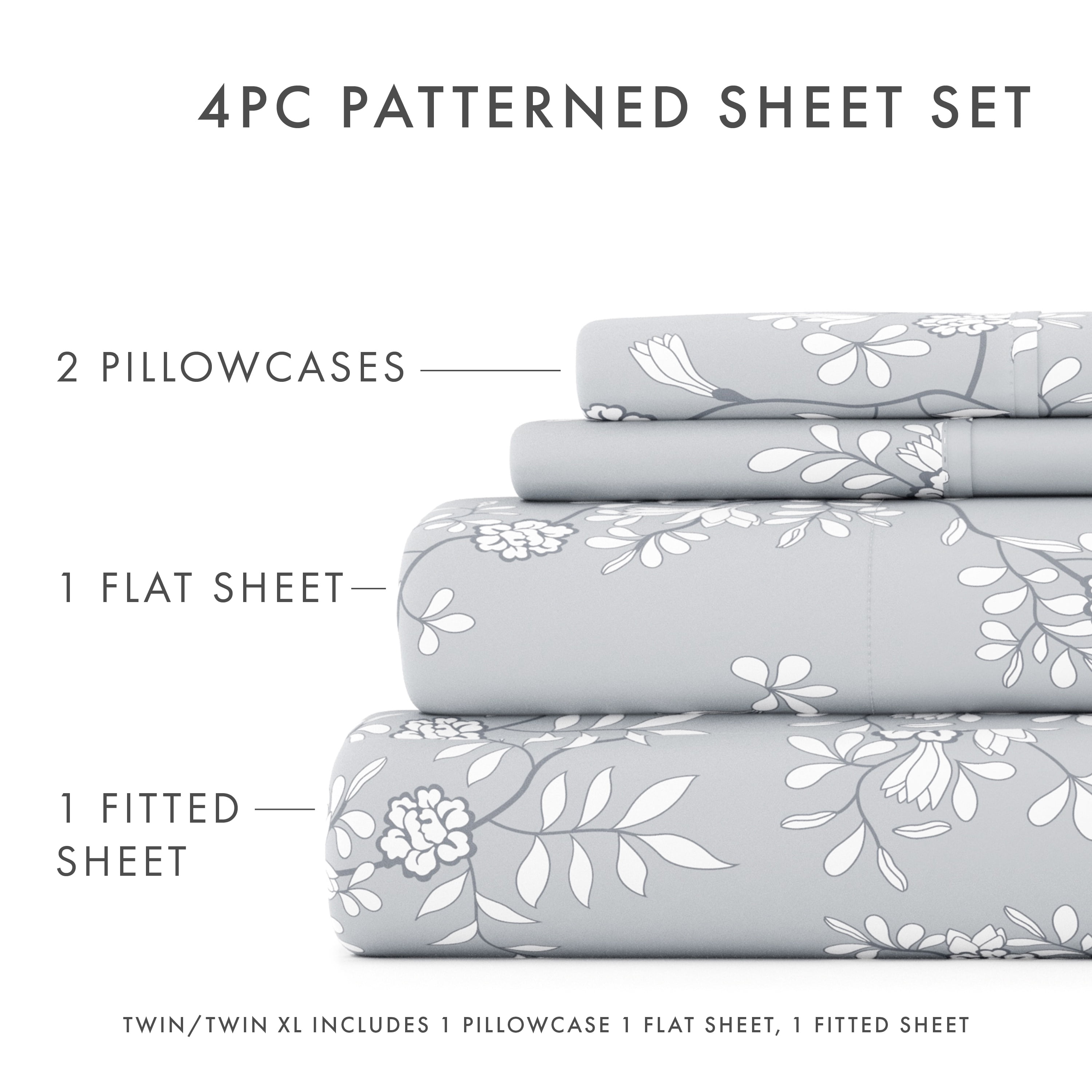 Noble Linens 4 Piece Pattern Microfiber Bed Sheets Set, Light Gray Trellis Vine, California King