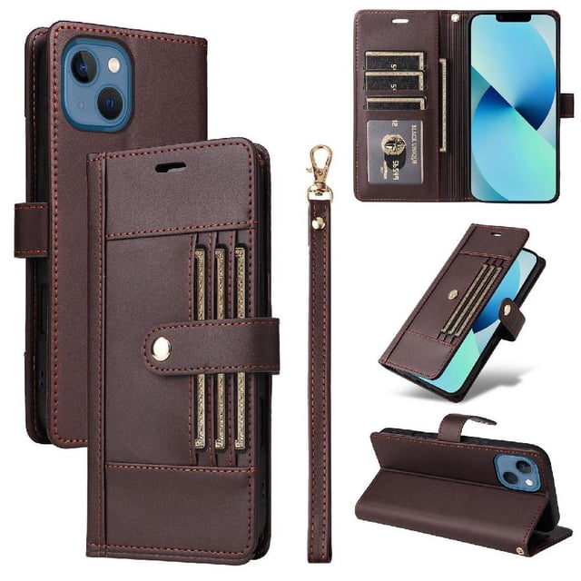 FOXDOCK Funda tipo Cartera para iPhone 14 Plus – Cubierta de Cuero PU con Múltiples Ranuras, Bolsillo para Efectivo y Correa de Muñeca