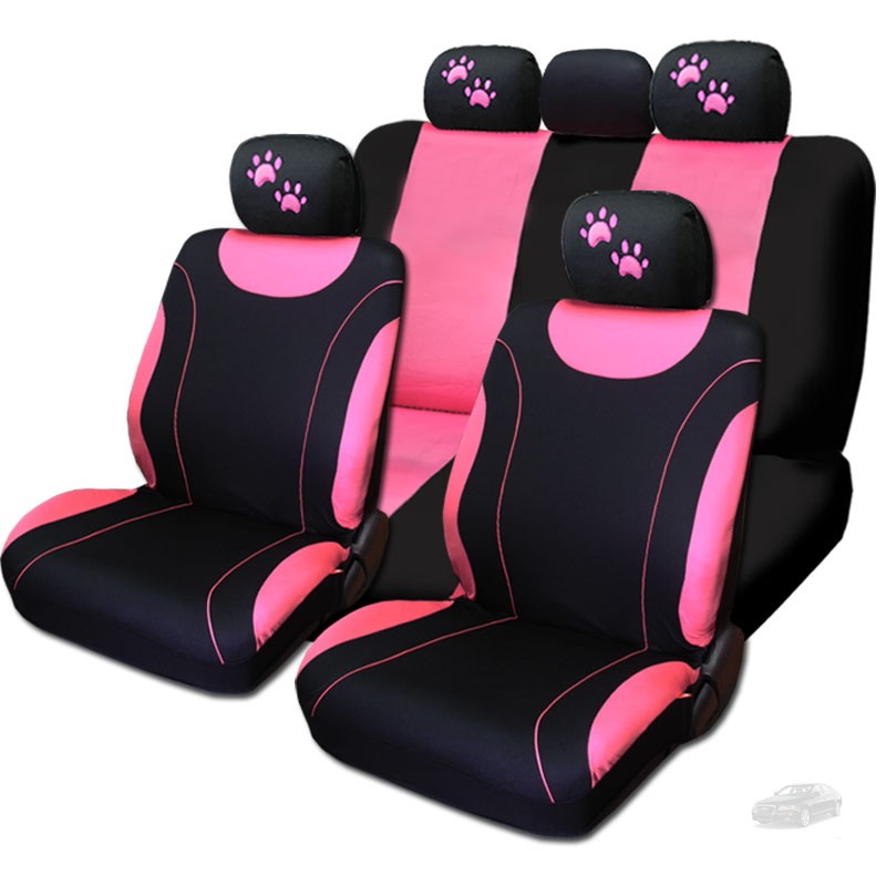 New Black and Pink Polyester Car Seat Covers and Pink Paws Headrest