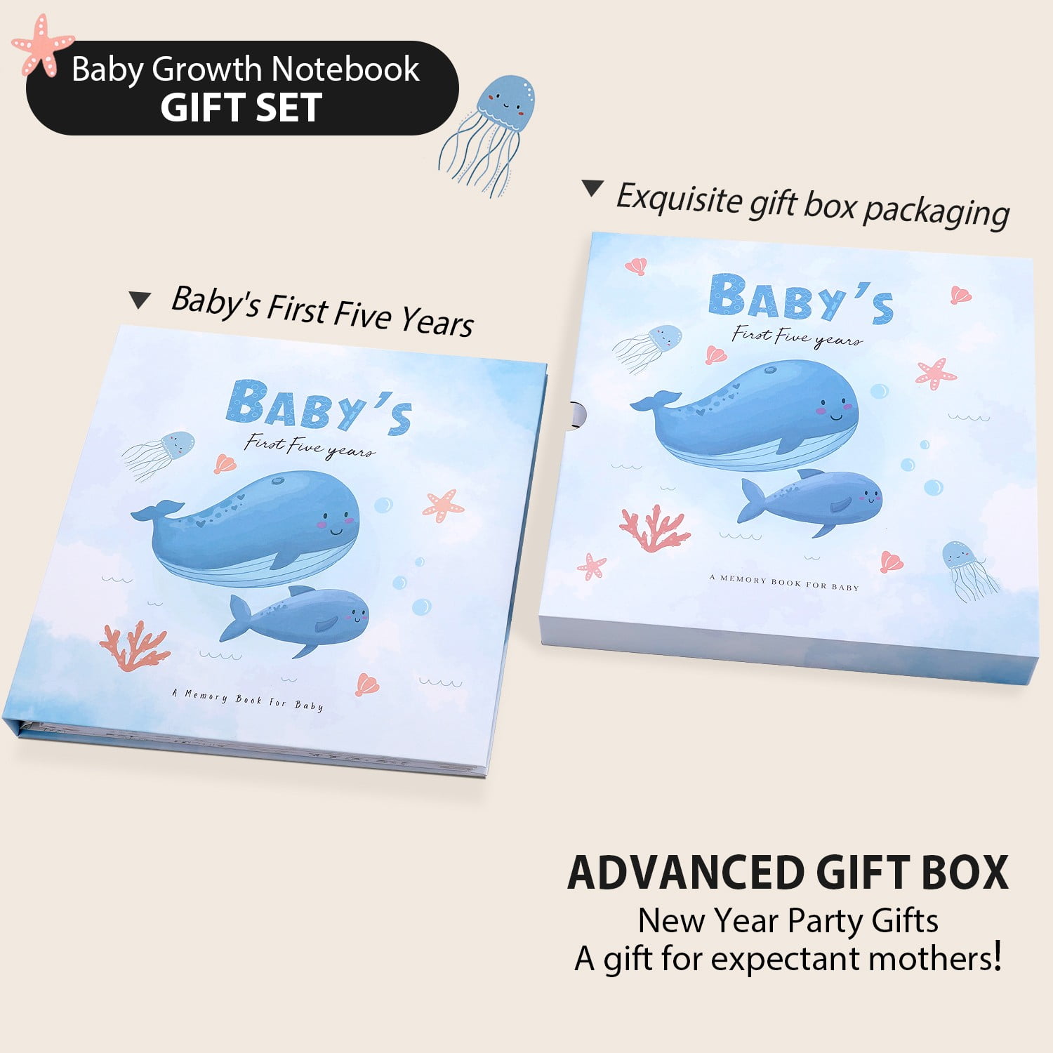 TJT Keepsake Baby Books for Newborn Baby Memory, First 5 Years Baby Memory Book Record Gift, 118 Pages Baby Album, Whale, Blue