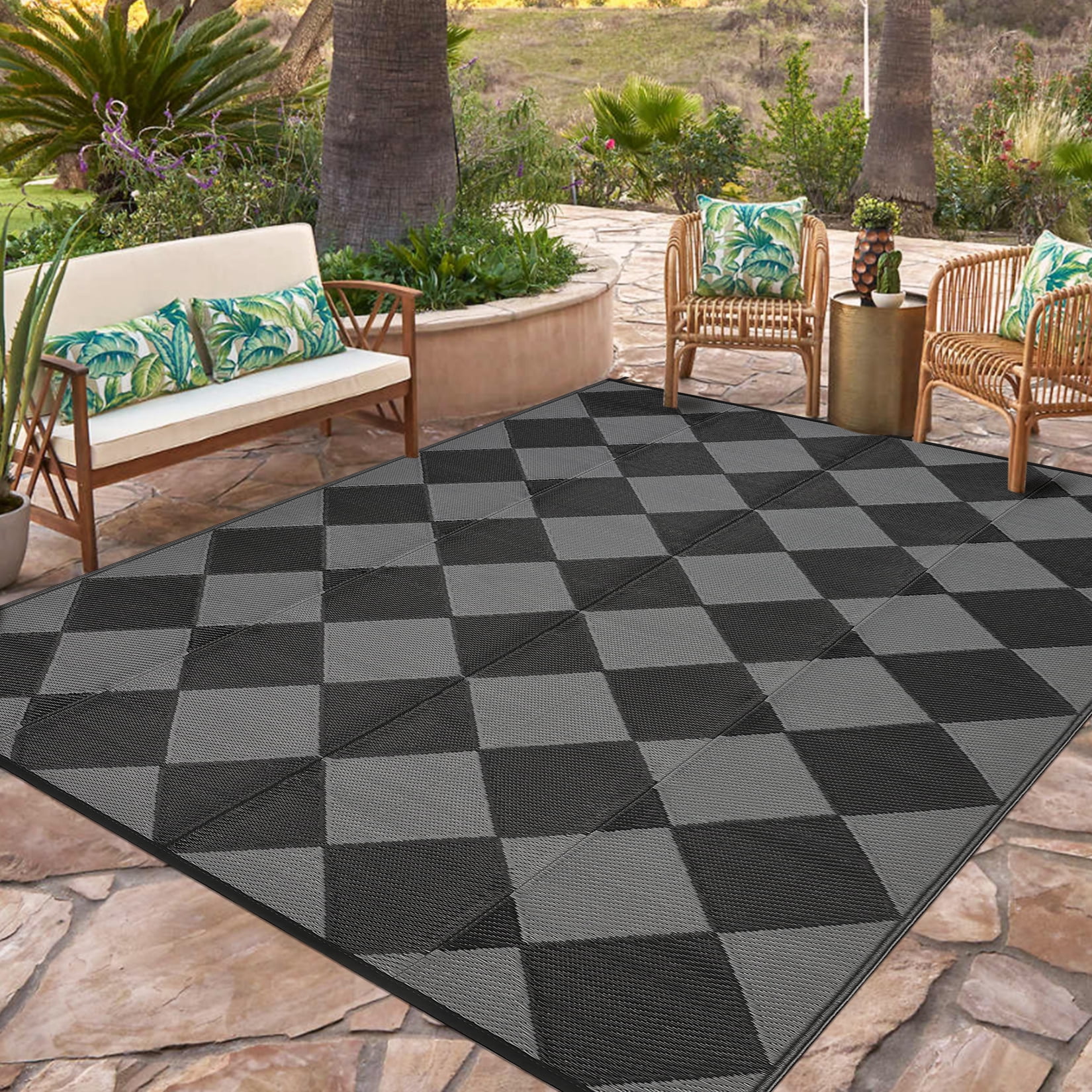 HIWEAVER 9' x 12' Black/Gray Outdoor Rug PP Plastic Straw Woven Waterproof Patio Rug with Border Portable Outside Carpet for Balcony Deck Picnic Garden Decor