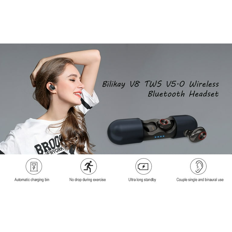 Bluetooth Headset Bilikay V8 TWS V5.0 Earbuds Sports Headphons Earbuds Wireless Bluetooth Headset Blue