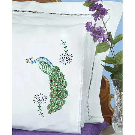 Stamped Pillowcases With White Lace Edge 2pk Peacock