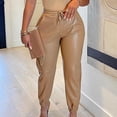 thumbnail image 2 of Women's Drawstring Elastic High Waisted Leather Pants Trendy Cropped Tapered Pu Leather Pants with Pocket, 2 of 5