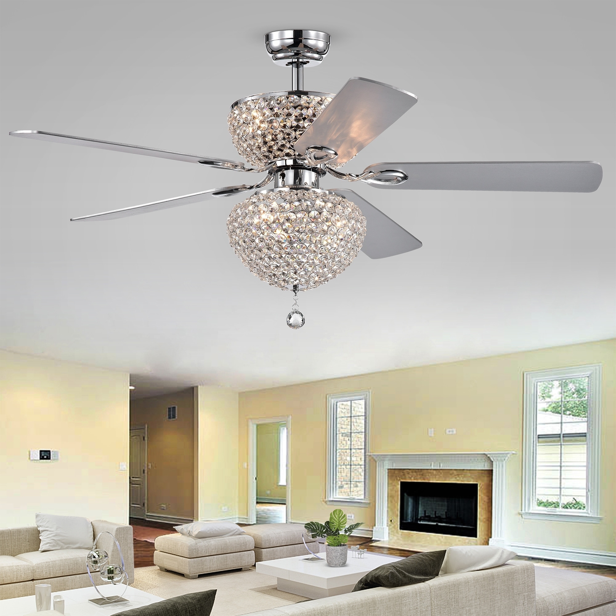 Warehouse of Tiffany Swarana Chrome Dual Lighted Ceiling Fan with Crystal Shades (includes Remote and Light Kit)