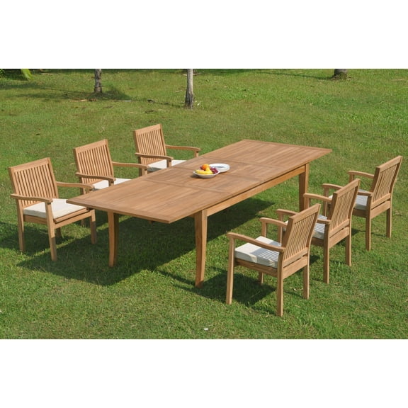 Grade-A Teak Dining Set: 6 Seater 7 Pc: 122" Atnas Double Extension Rectangle Table And 6 Leveb Stacking Arm Chairs Outdoor WholesaleTeak #WMDSWVm