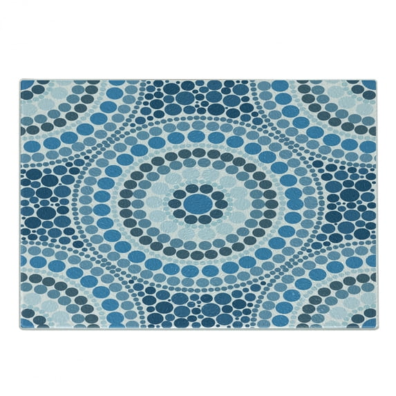 Geometric Cutting Board, Concentric Circles Mosaic Tiles Consist of Smaller Dots in Blue Shades Design, Decorative Tempered Glass Cutting and Serving Board, Small Size, Blue and White, by Ambesonne
