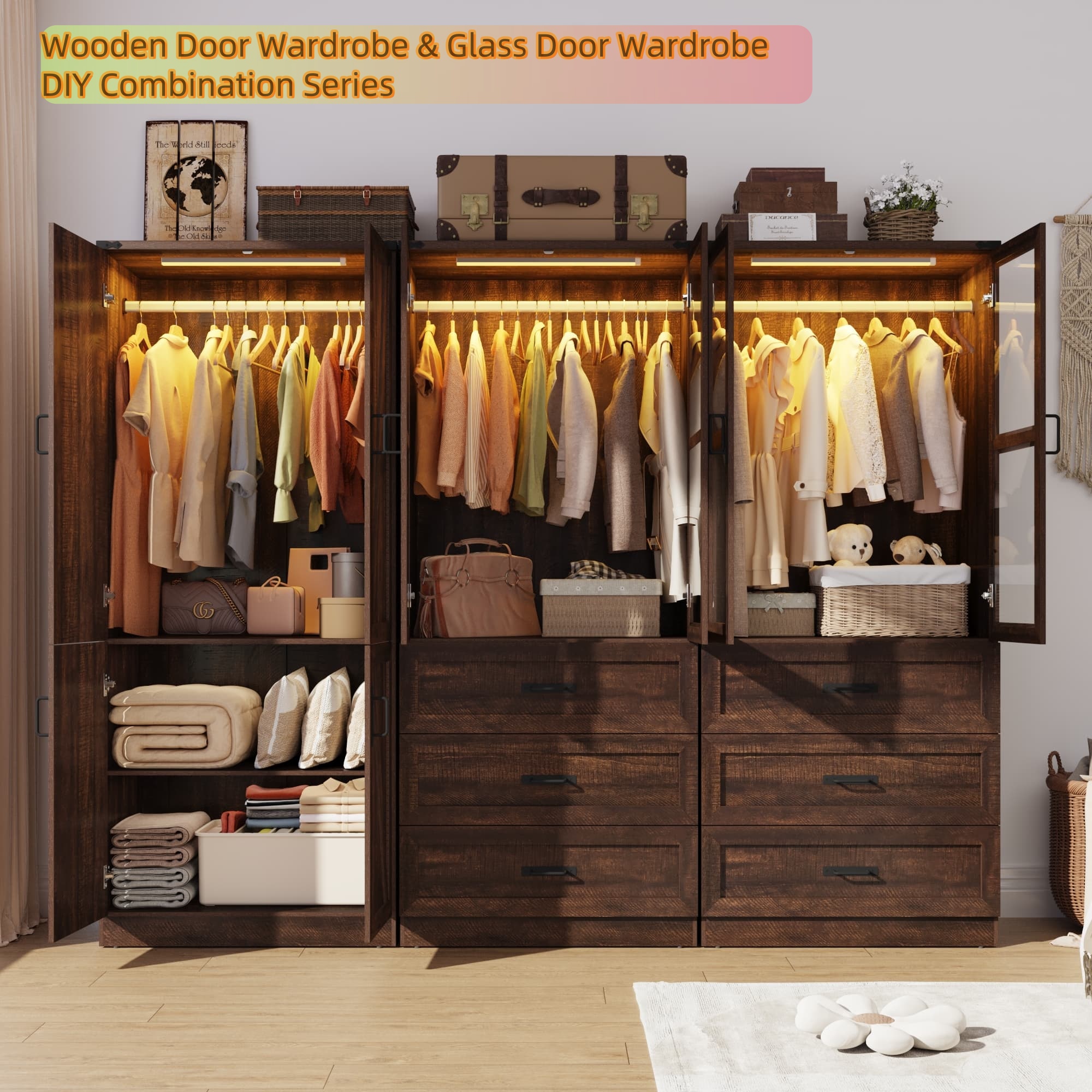 2 Glass Doors Armoire Wardrobe Closet with 3 Drawer & LED Light,75"H Wardrobe Closet Clothing Organizer with Hanging Rail for Bedroom