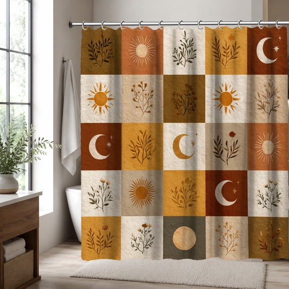 Boho Shower Curtain for Bathroom, Sun Moon Celestial Pattern Fabric Shower Curtain, Neutral Farmhouse Bathroom Decor with Botanical Design, Waterproof Polyester Shower Curtain for Home Apartment 70.8