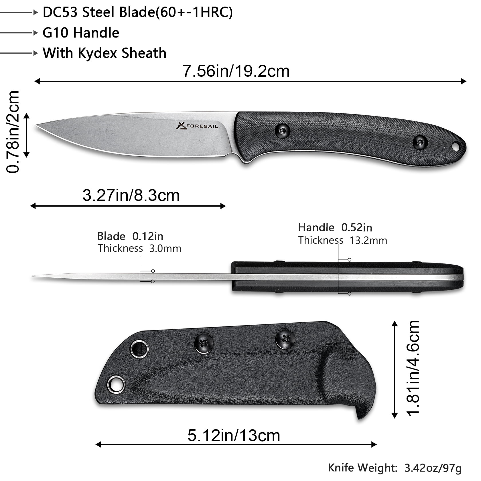 Small Fixed Blade Knife,3.27in DC53 Steel Blade and G10 Handle,with Kydex Sheath,Fixed EDC Tactical Knife for Men Women,Outdoor Hiking Camping Knives