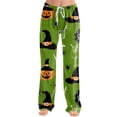 thumbnail image 3 of Domzest Halloween Pajama Pants for Women Pumpkin Ghost Bat Print Drawstring Elastic Waisted Sleepwear Wide Leg Funny Pajama Bottoms Green M, 3 of 5