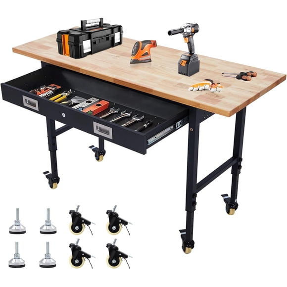 60" Workbench with Drawer Storage, Adjustable Height Worktable for Garage, Rubber Wood Top Heavy Duty Workbench with Power Outlet & 4 Lockable Wheels, 2000lbs Load Capacity for Workshop Home
