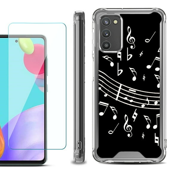 Shockproof Bumper Phone Case for Samsung Galaxy A03s, with Tempered Glass Screen Protector, by OneToughShield ® - Music Notes / Black