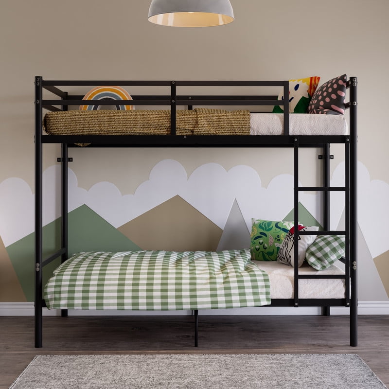 Twin Over Twin Metal Bunk Bed with Ladder, High Guardrails, Built-In Under Bed Storage Space, Sturdy Iron Frame, Noise-Reduced Design