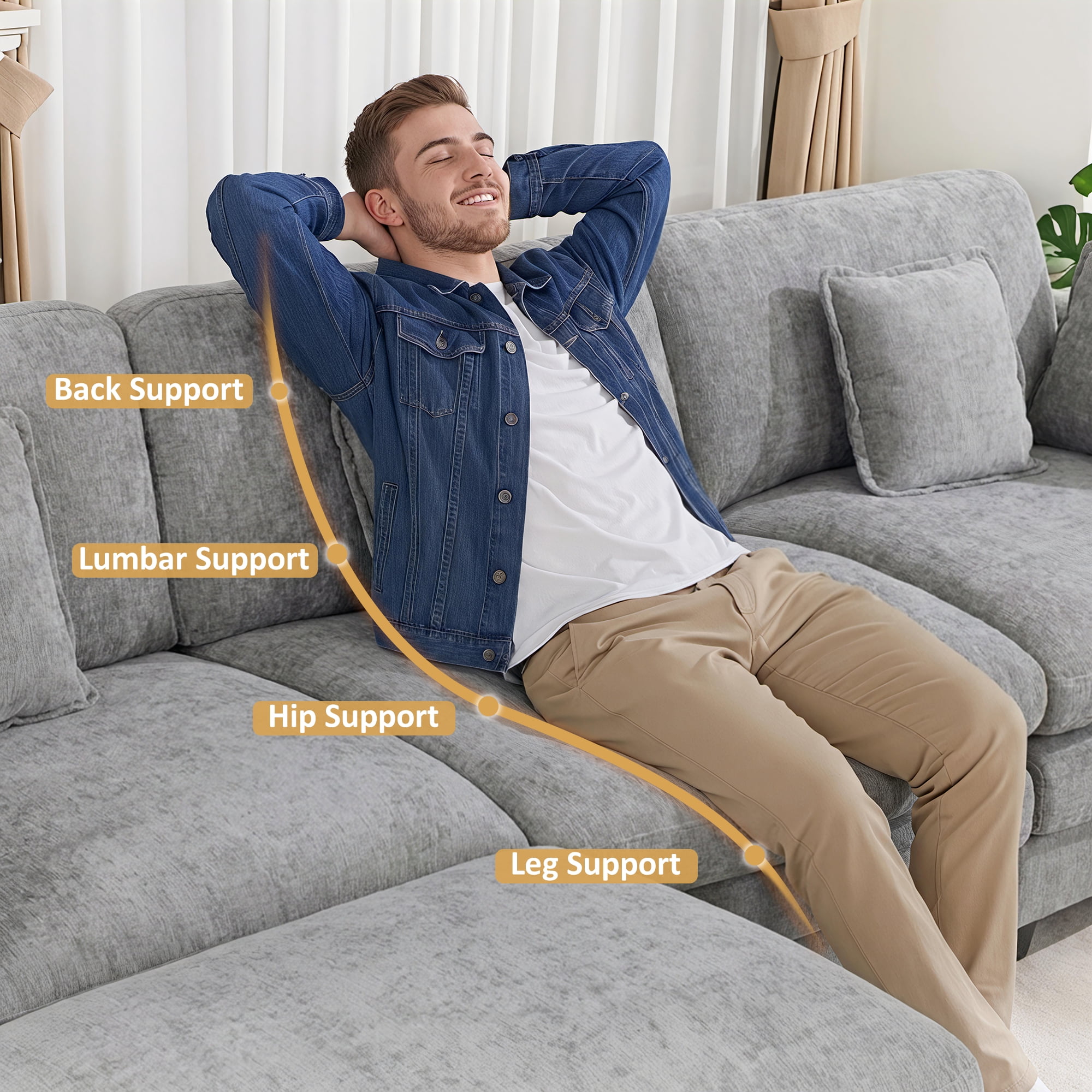 MCombo 111.8'' Modular Sectional Sofa Couch with Chaise Ottoman for Living Room, L Shaped Sofa, FSC Certified, Grey