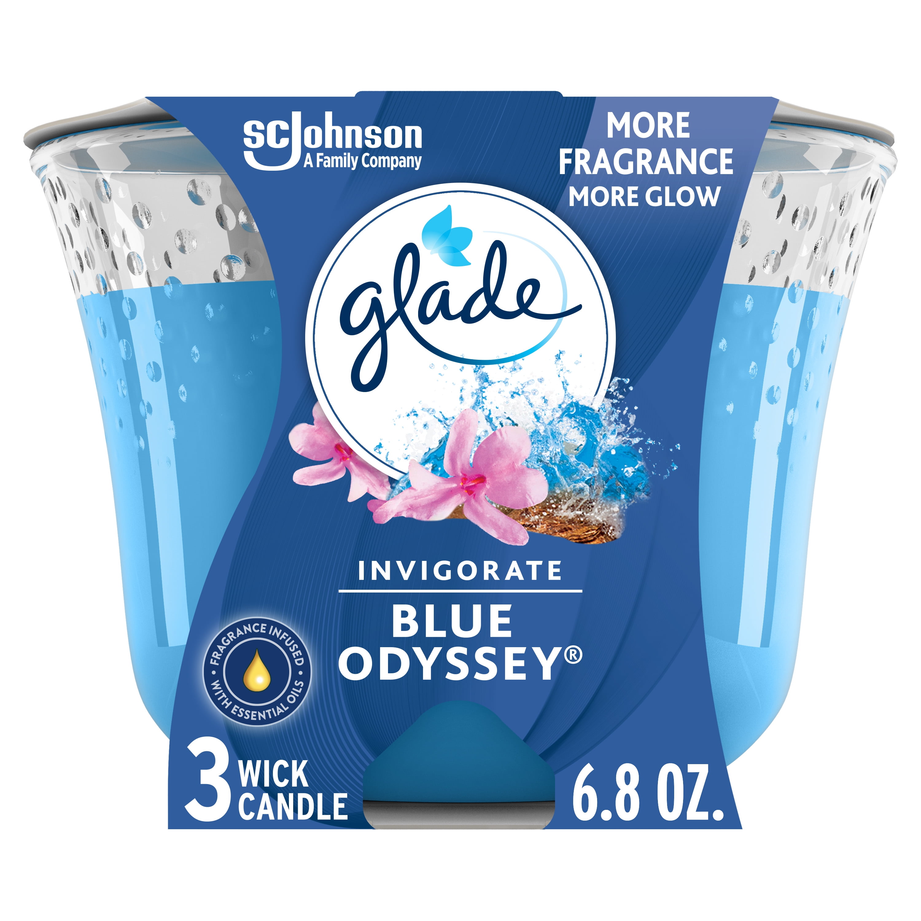 Glade 3-Wick Candle 1 Count, Blue Odyssey, 6.8 OZ. Total, Air Freshener, Wax Infused with Essential Oils