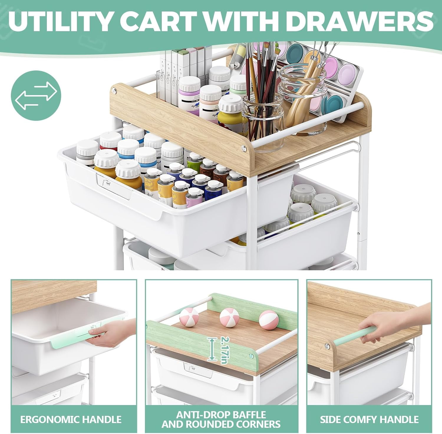 Plastic Drawer Organizer with Wooden Top, 5-Drawer Rolling Cart for Crafts and Office Storage