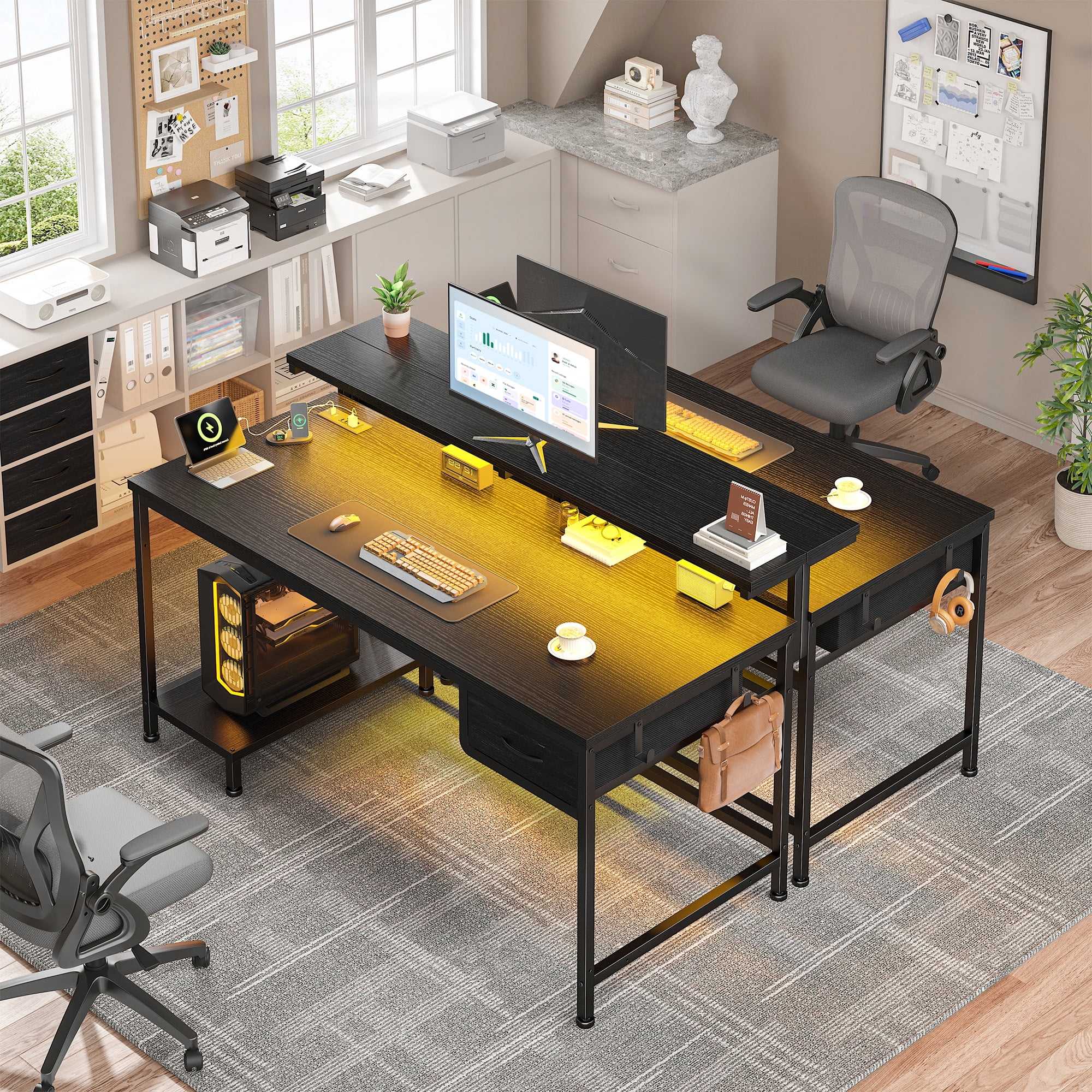 Romorgniz Gaming Desk with Power Outlet, Fabric Drawer & RGB LED Lights, Black Computer Desk with Adjustable Monitor Stand & CPU Holder for Home Office