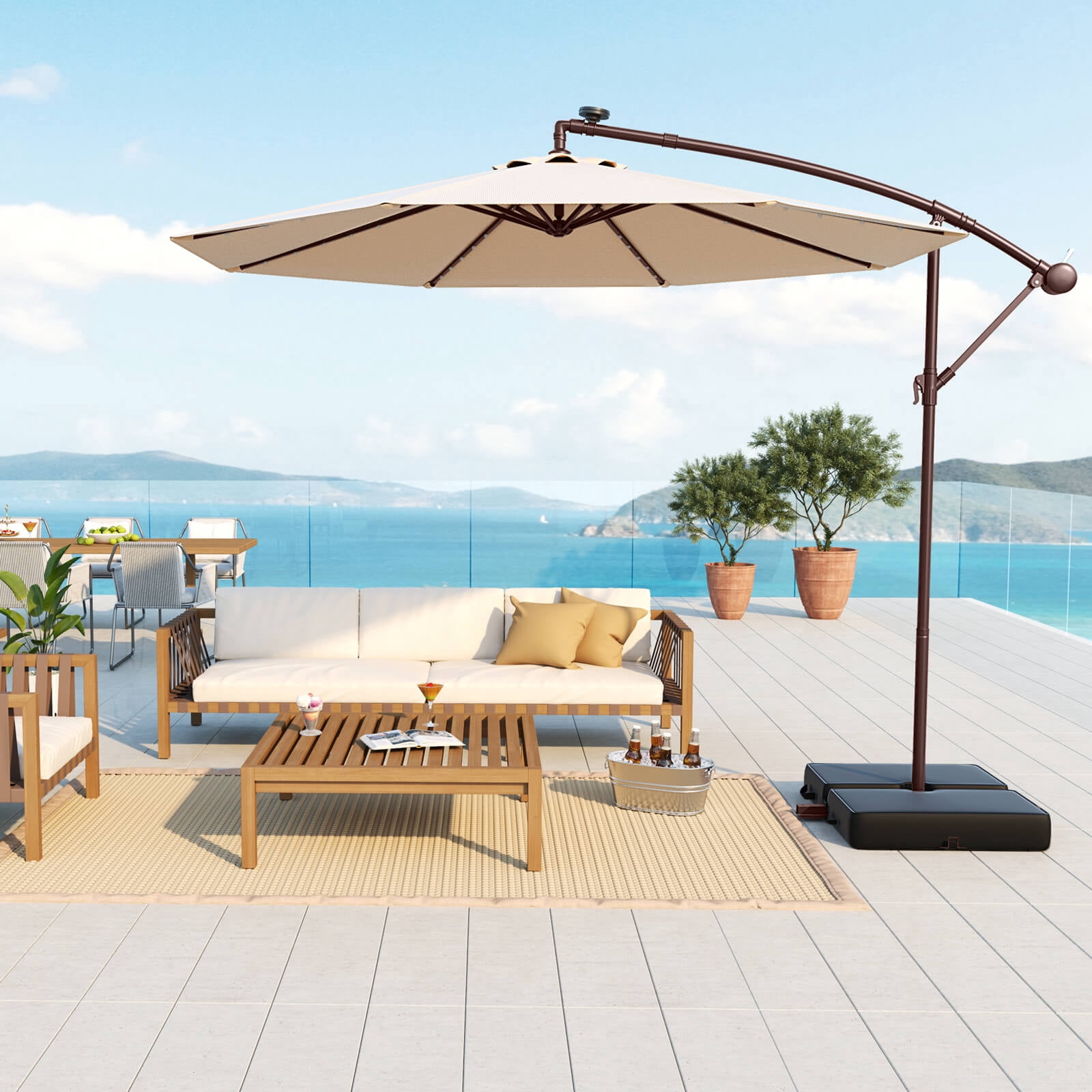 Costway Patio 10FT Hanging Offset Umbrella 32 LED Lights Sand Bag Outdoor Cross Base