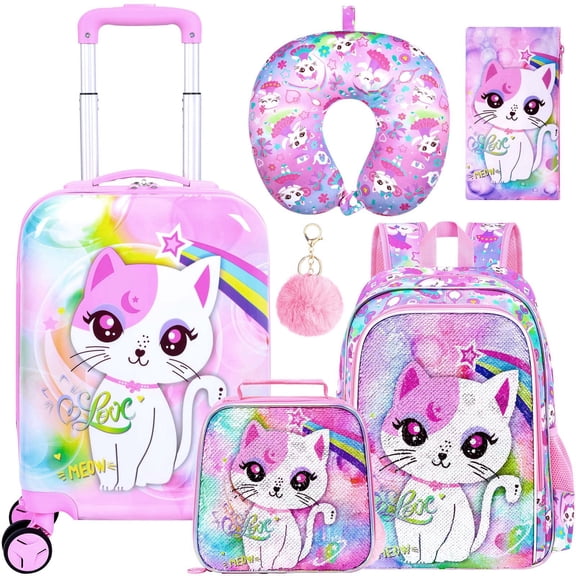 5PCS Kids Luggage Set, Airline-Approved Carry-On with 360Β° Spinner Wheels, Cute Travel Suitcase for Girls & Toddlers - Pink Cat