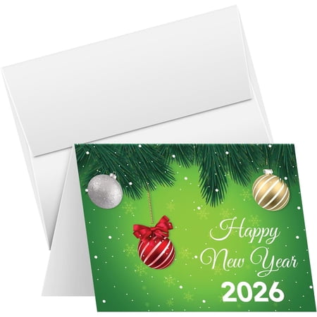 2026 Happy New Year Cards Set – Elegant Green Bauble Christmas, Xmas, New Year, Holiday Greetings, Invitations, Announcements, Thank Yous | 4.25 x 5.5 (A2 Size) | 10 Cards and 10 Envelopes per Pack
