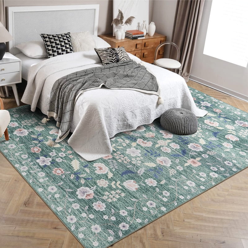 Area Rugs 9'x12' Washable Floral Rugs for Living Room Non Slip Low Pile Carpet for Office Bedroom Kids Room Bedside Green
