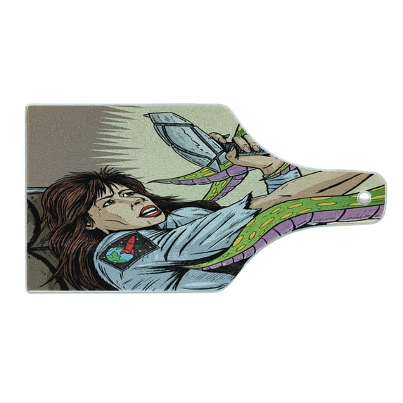 Outer Space Cutting Board, Alien Attacks Terrified Uniform Woman Human Against Monster Sci Fi Discovery, Tempered Glass Cutting and Serving Board, Wine Bottle Shape, Multicolor, by Ambesonne