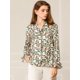 thumbnail image 2 of INSPIRE CHIC Blusa con cuello en V y lazo floral para mujer, camisa de manga larga con volantes y trompeta vintage, top Blanco verde S, 2 of 6