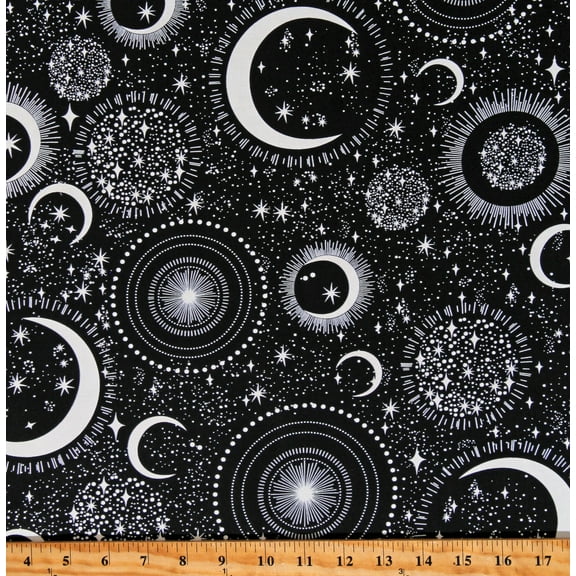 Cotton Glowing Moons and Stars Space Sky Night Galaxy Glow in the Dark Black Cotton Fabric Print by the Yard (FUN-CG7431-BLACK)