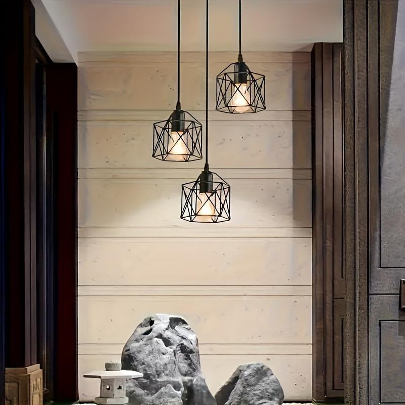3-Light Pendant Light Fixtures, Farmhouse Kitchen Island Light Fixture, Industrial Hanging Pendant Lighting for Dining Room Bedroom, Black Metal Cage Pendant, E26 Base, Bulbs Not Included