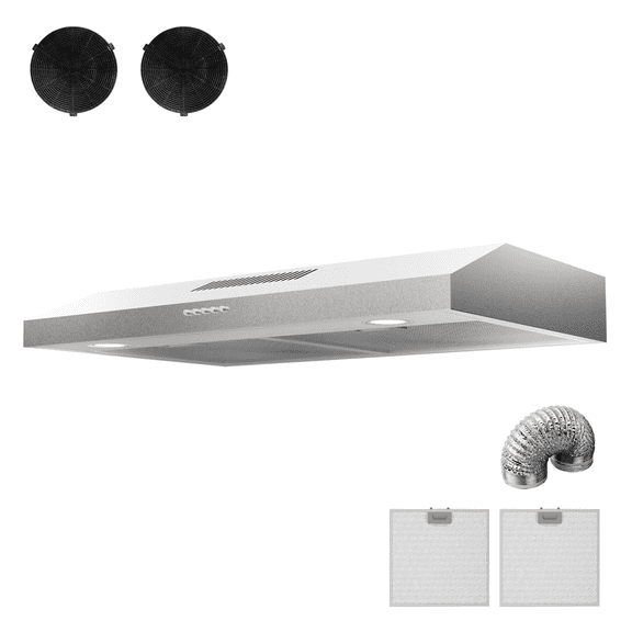 Nardea 30 Inch Under Cabinet Range Hood, 300 CFM Brushed Stainless Steel Kitchen Exhaust Fan with 3-Speed Quiet Motor, Ducted/Ductless Convertible Stove Vent Hood with LED Lights and Filters