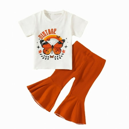 

BJUTIR Girls Summer Outfits Butterfly Single T Flared Pants Set Solid Color Letter Print Short Sleeve Pants Flared Pants Two Piece Set