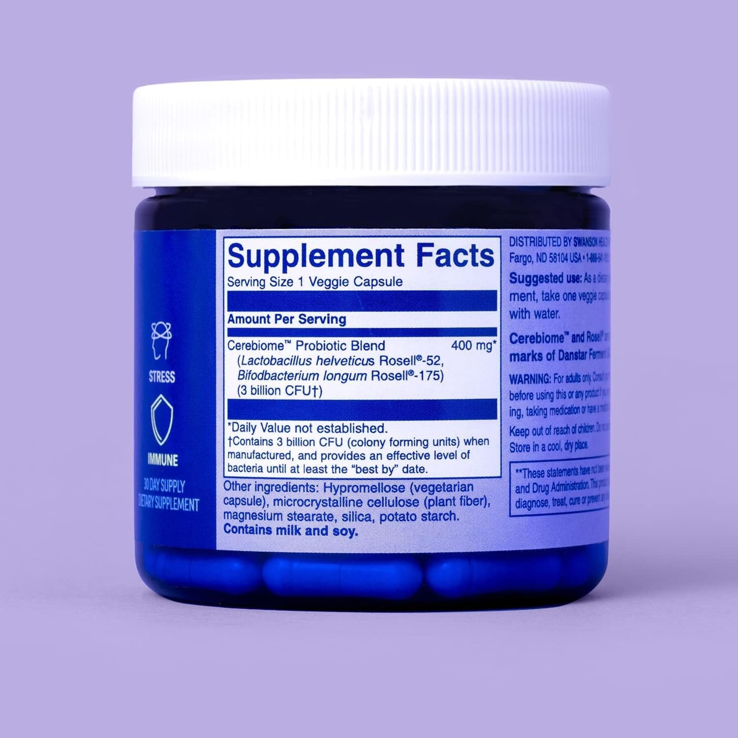 Swanson WIO happy MIND, happy GUT Stress Support, Digestive Support, Probiotics Promote Gut Microflora, Better Mood, Cognitive Health, Mental Wellness, 30 Veggie Capsules (30-Day Supply)
