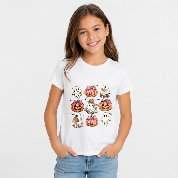 Halloween Shirts for Kids, Cute Ghost and Pumpkin Graphic Short Sleeve T-Shirt