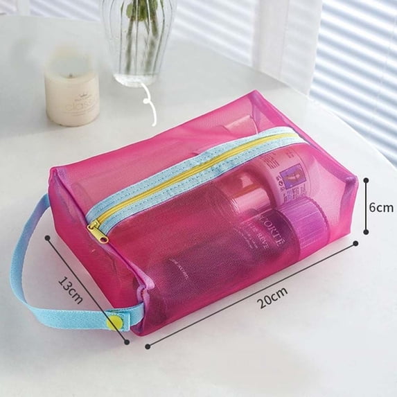 Women Fashion Multifunction Net Yarn Durable Makeup Purse Transparent Net Yarn Bag Handbag Makeup Pouch Toiletry Bags PINK L