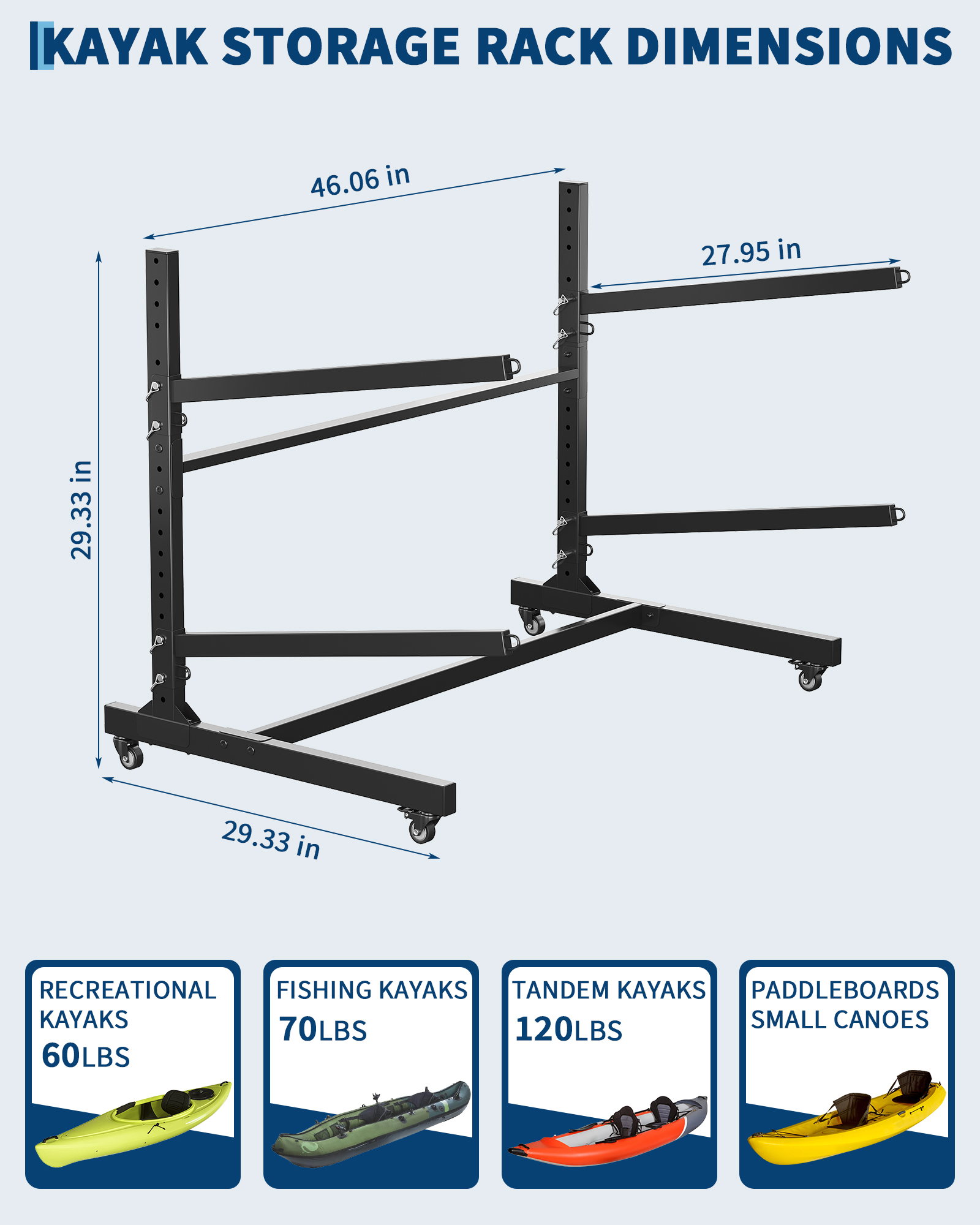 Mescukay Freestanding Kayak Storage Rack for 2 Kayaks, Outdoor Kayak Storage Racks with Wheels, Kayak Stand Heavy Duty Storage for Canoe, SUP and Surfboard