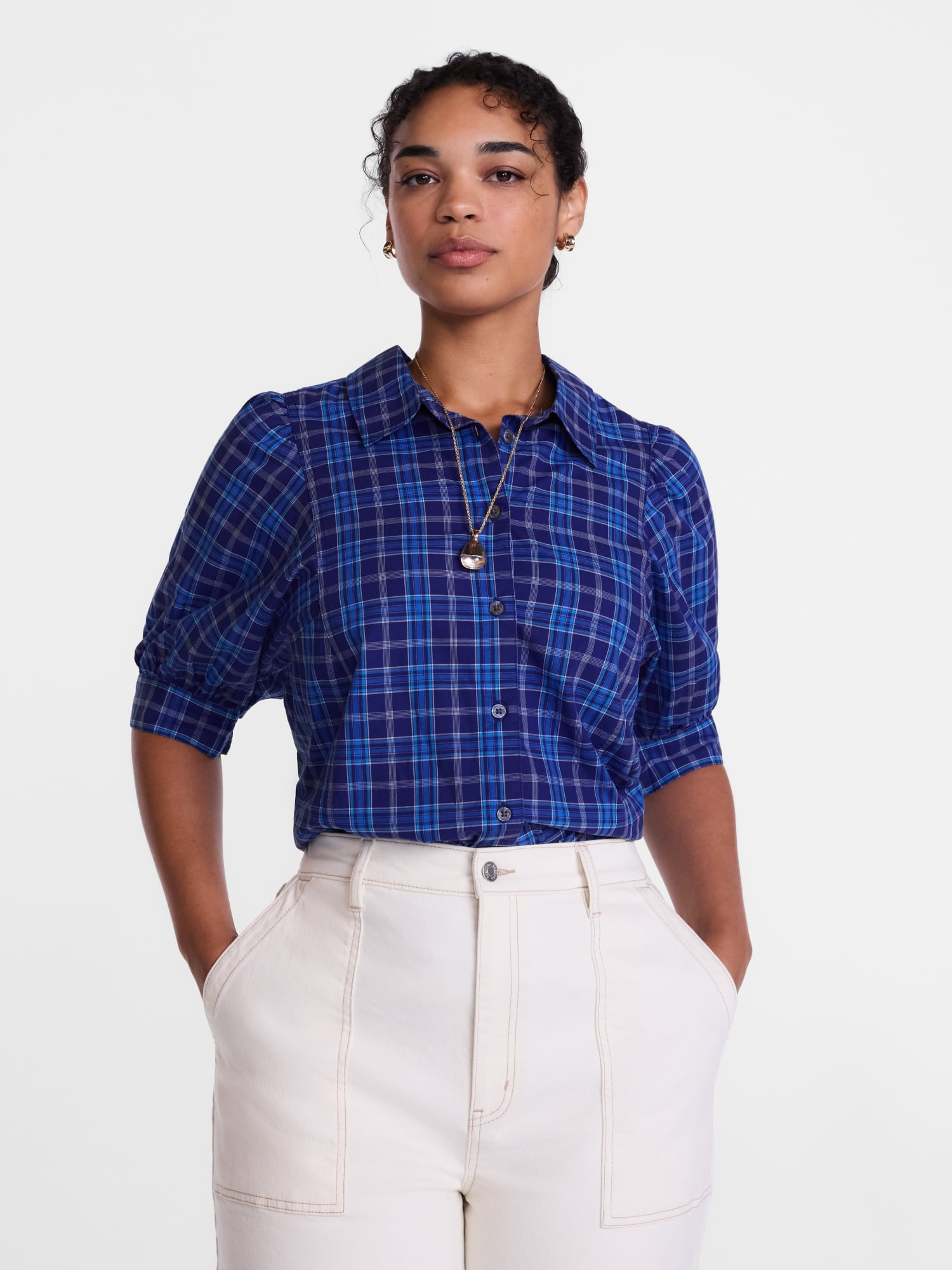 Scenario Women's Button Front Shirt with Puff Sleeves, Sizes XS-XXXL