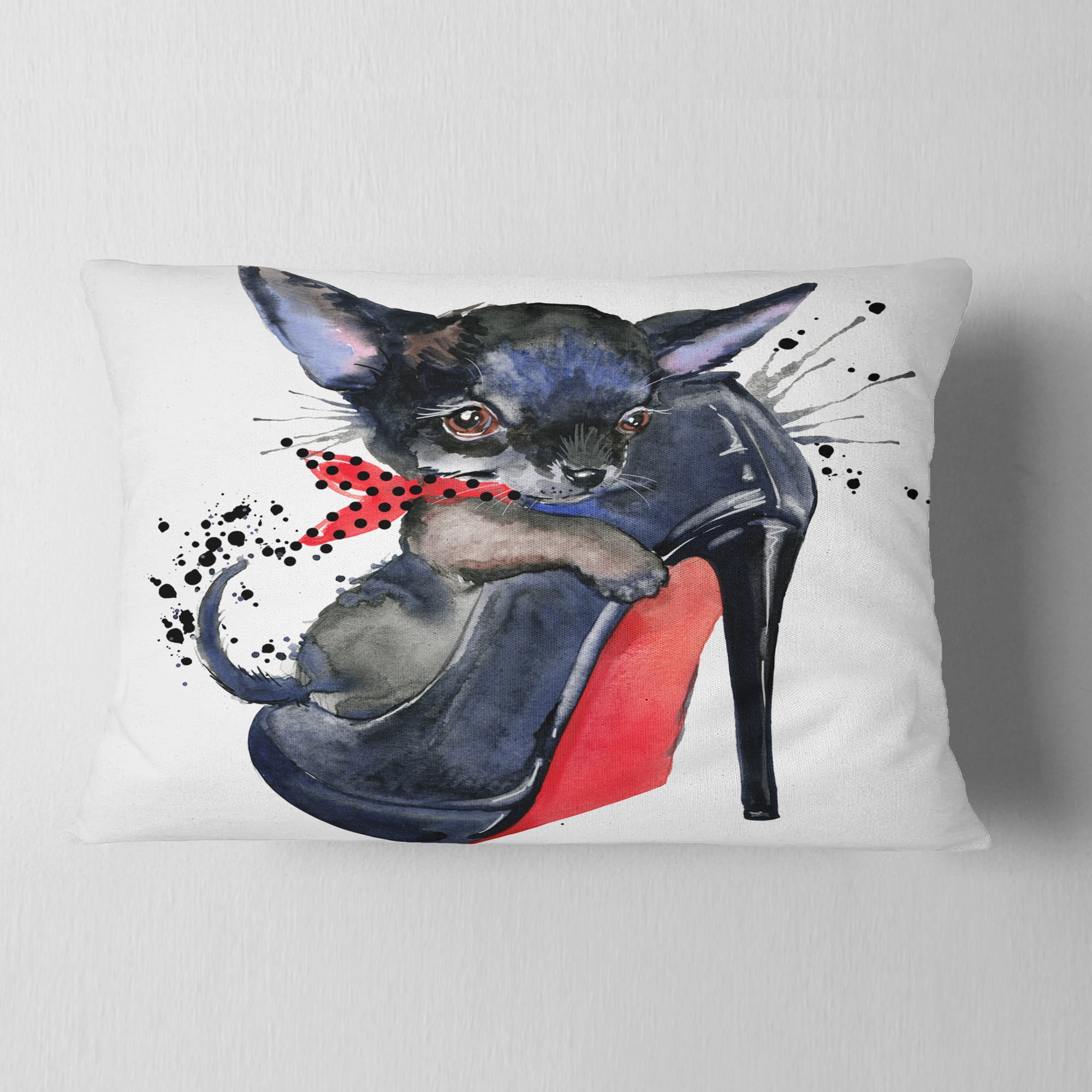 Designart Cute Dog over Large Heeled Shoe - Animal Throw Pillow - 12x20