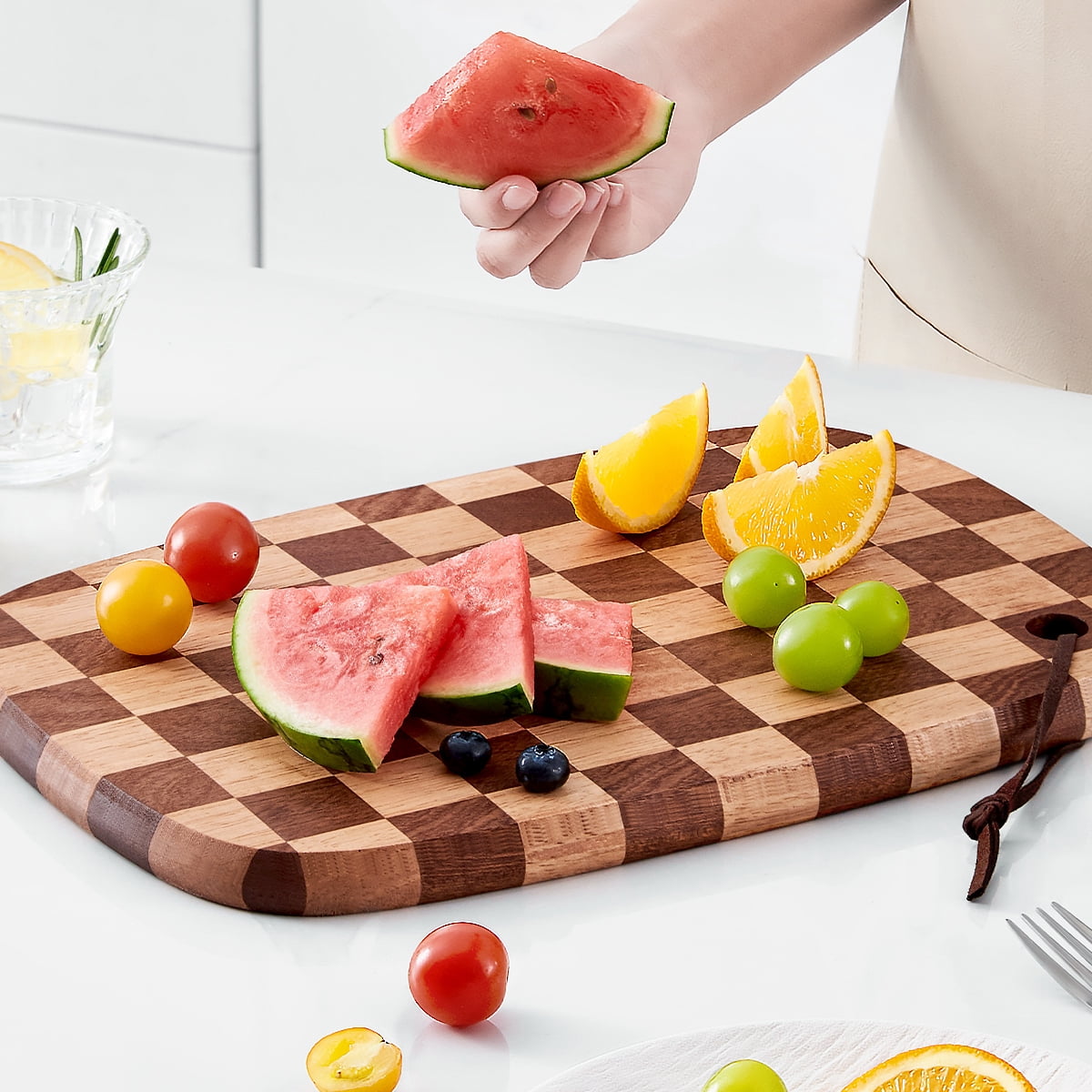 Acacia wood cutting board, kitchen chopping board, upgraded grid cutting board, large hanging meat tray