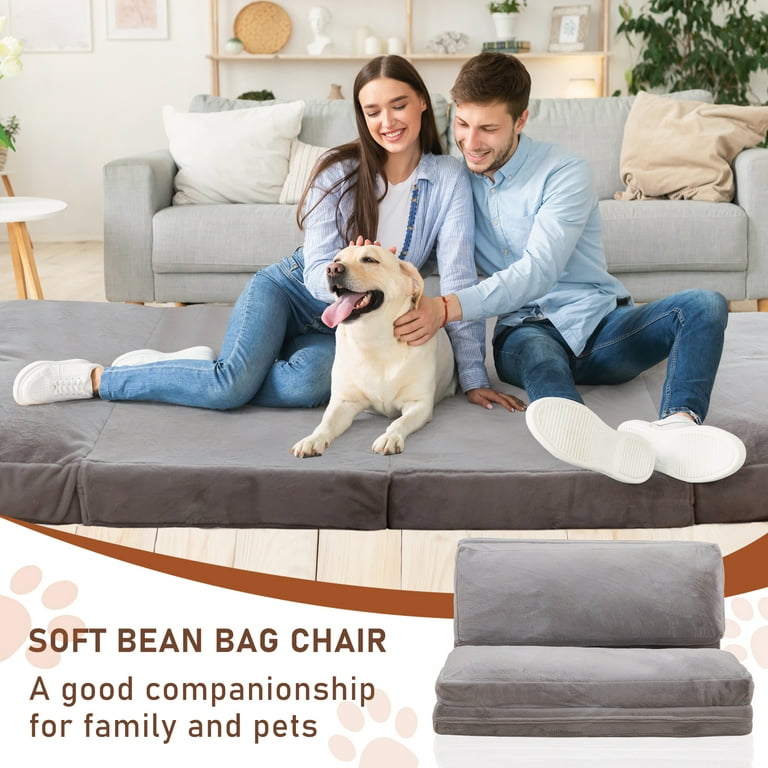 Bean Bag Bed Folding Sofa Bed,Extra Thick and Long Fluffy 4 Position  Convertible Flip Lounge Chair,Foam Filling Folding Matress Sofa Bean Bag  with Washable Cover,Grey, 30x95 Inch 