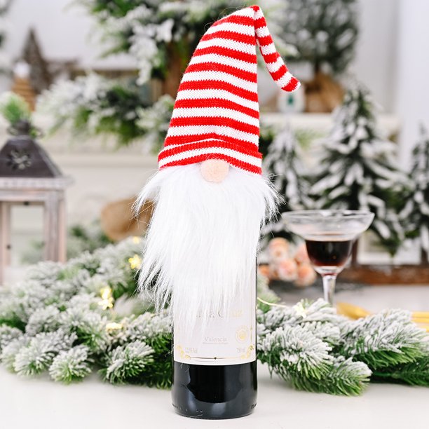 Adornos navideños, gorro de punto, funda para botella de vino, muñeco sin rostro, funda para botella de vino, decoración para botella de vino tinto