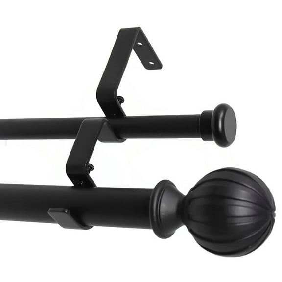 Urbanest Fluted Ball Flat Button 1" 5/8" Double Drapery Curtain Window Rod Set - 28" to 48", Black