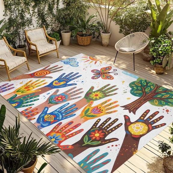Cartoon Children's Day Outdoor Rug for Patio/Deck/Porch, Non-Slip Large Area Rug 5 x 7 Ft, Colorful Handprints Abstract Art Indoor Outdoor Rugs Washable Area Rugs, Camping Rug Carpet Runner