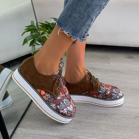 

Zpanxa Shoes for Women Round Toe Bandage Clan Style Comfy Casual Shoes Printing Flat Heeled Outdoor Shoes Brown Womens Shoes 40