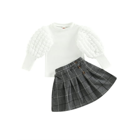 

wybzd 2PCS Baby Girls Bubble Grid Long Puff Sleeve Shirt Tops+Plaid A-line Pleated Skirts Outfits Sets White 2-3 Years
