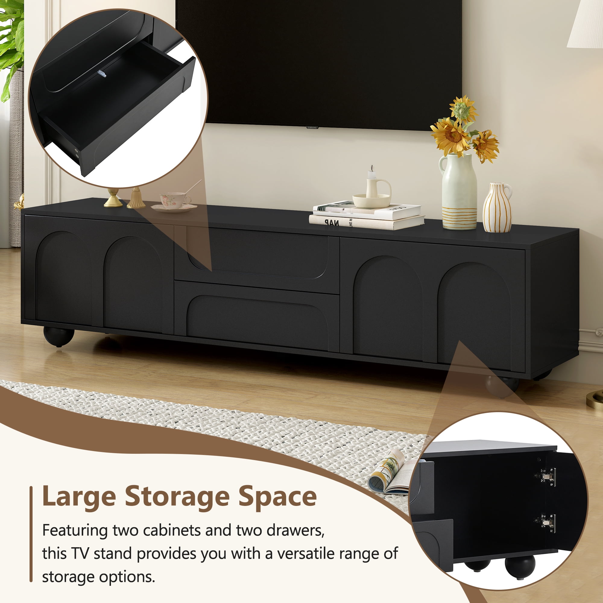 Black TV Stand for TVs up to 75", Modern Media Console with Arched Doors & 2 Drawers, Minimalist Entertainment Center with Press-Open Panels, 5 Round Metal Legs